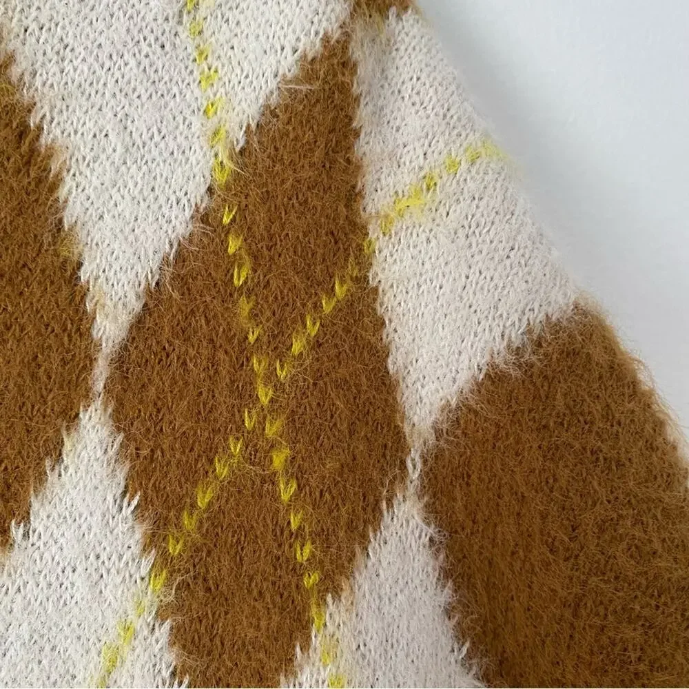 Free People Through The Motion Argyle Sweater Vest size small Tiger Eye Combo